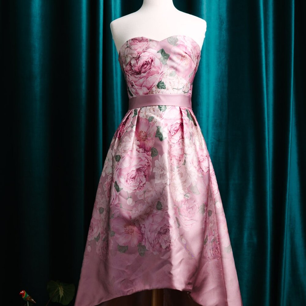 Chi Chi London Fit Flare Strapless floral high low dress